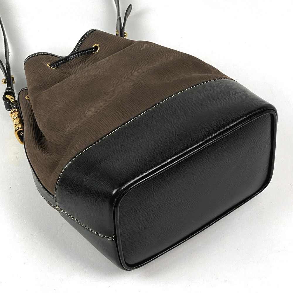 Logo Shoulder Bag Drawstring Leather Brown Black